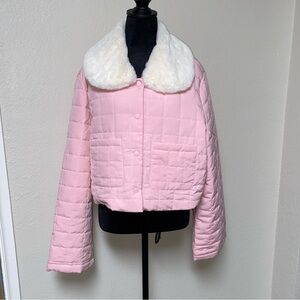#DK233-NWOT Dolls Kill Sugar Thrillz Pink Quilted Jacket w/Faux Fur Collar-XXL